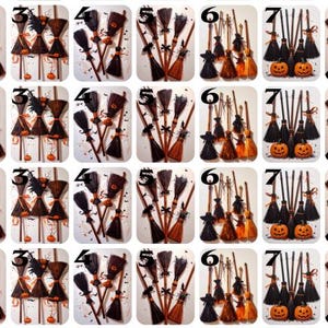 May include: A collage of Halloween-themed illustrations. The images include an owl, witch hats, brooms, pumpkins, and decorative elements. The color palette features black, orange, and brown tones, perfect for seasonal decor.