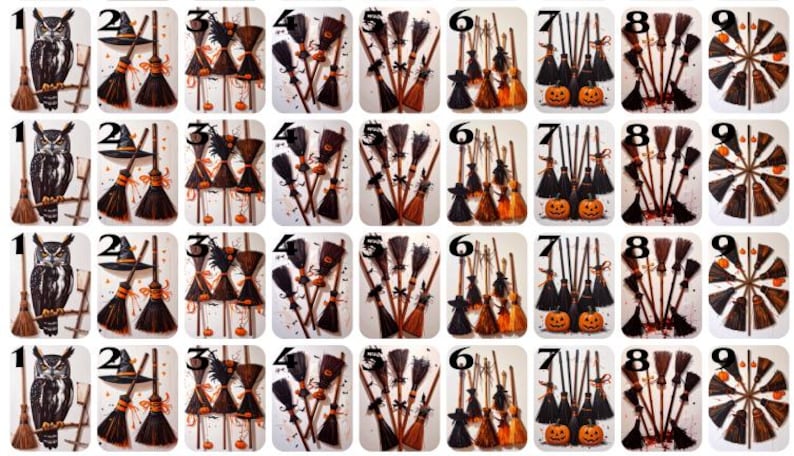May include: A collage of Halloween-themed illustrations. The images include an owl, witch hats, brooms, pumpkins, and decorative elements. The color palette features black, orange, and brown tones, perfect for seasonal decor.