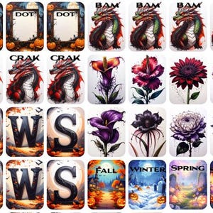 May include: A collection of rectangular art prints featuring various designs. Some prints display text like "DOT", "BAM", "CRAK", "NEWS", and seasonal words "FALL", "WINTER", "SPRING", and "SUMMER". Other prints showcase illustrations of dragons and flowers.