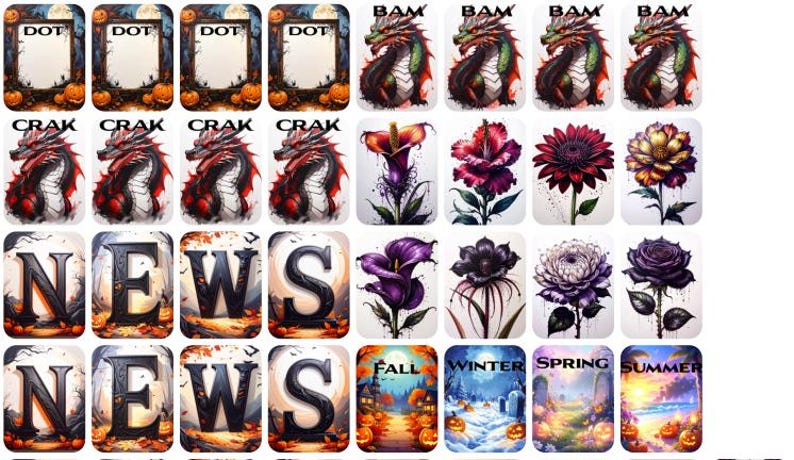 May include: A collection of rectangular art prints featuring various designs. Some prints display text like "DOT", "BAM", "CRAK", "NEWS", and seasonal words "FALL", "WINTER", "SPRING", and "SUMMER". Other prints showcase illustrations of dragons and flowers.