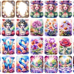 May include: A collection of watercolor illustrations featuring various designs. The designs include portraits of women, floral arrangements, and the word "NEWS" in a floral design. The color palette is soft, with pastel hues of blue, pink, and purple.