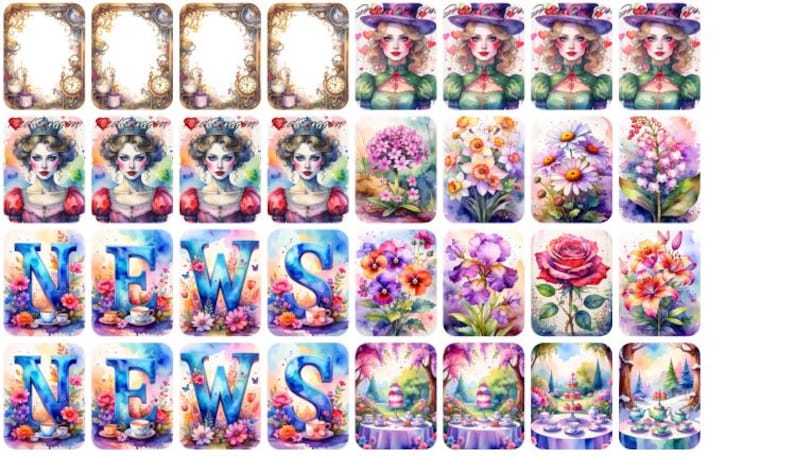 May include: A collection of watercolor illustrations featuring various designs. The designs include portraits of women, floral arrangements, and the word "NEWS" in a floral design. The color palette is soft, with pastel hues of blue, pink, and purple.