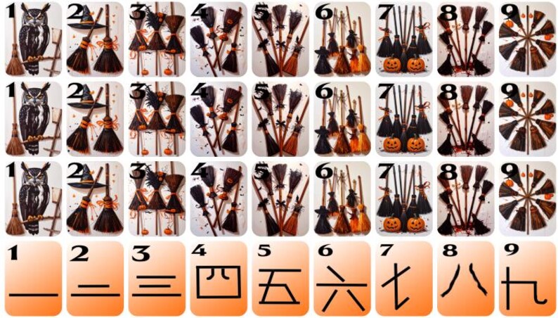May include: A collection of Halloween-themed playing cards. Each card features a different design, including an owl, witch's hat, brooms, and pumpkins. The cards are numbered 1 through 9, with Chinese numerals on the bottom.