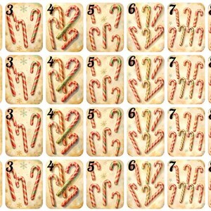 May include: A collection of vintage-style Christmas cards featuring various arrangements of candy canes and a bird with pears. The cards have a distressed, aged appearance, with numbers 1-9 displayed on each card.