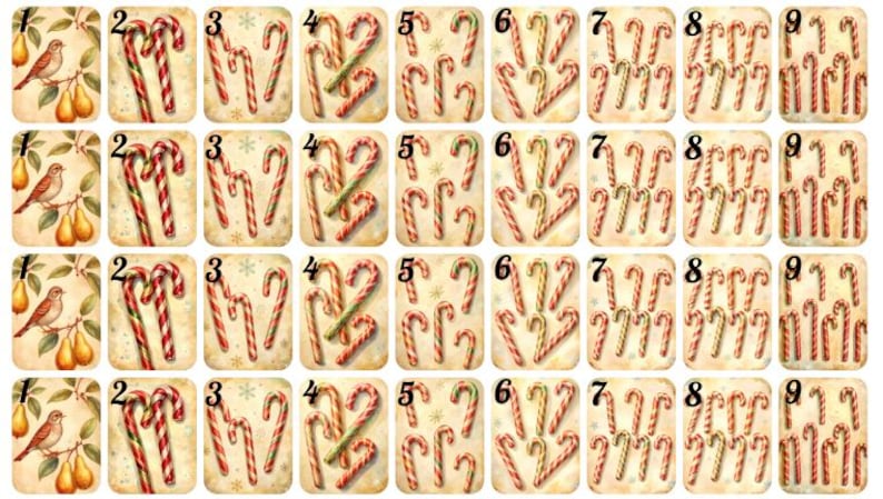 May include: A collection of vintage-style Christmas cards featuring various arrangements of candy canes and a bird with pears. The cards have a distressed, aged appearance, with numbers 1-9 displayed on each card.