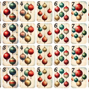 May include: A collection of vintage-style Christmas cards featuring various arrangements of ornaments. Each card displays a number from 1 to 9, with ornaments in red, green, and gold. The cards have a slightly aged, antique appearance.