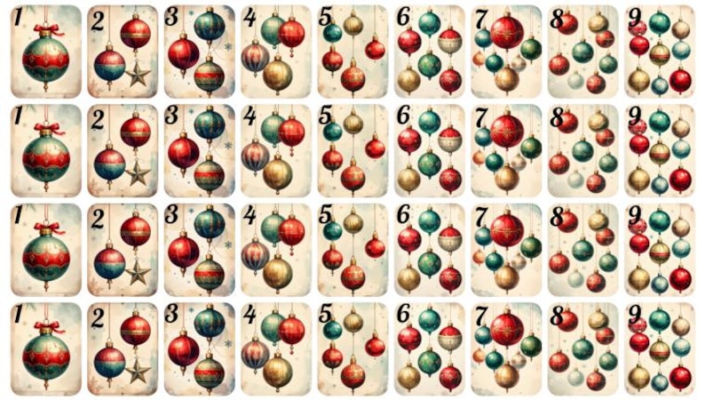 May include: A collection of vintage-style Christmas cards featuring various arrangements of ornaments. Each card displays a number from 1 to 9, with ornaments in red, green, and gold. The cards have a slightly aged, antique appearance.