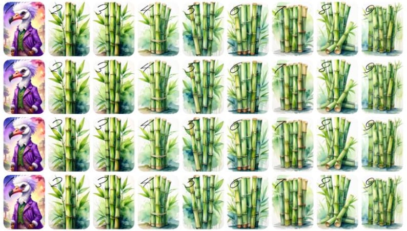 May include: Watercolor illustrations of bamboo stalks and leaves, arranged in various bundles. Each image is numbered. The artwork features a vibrant green color palette, with a cartoon bird in a purple jacket in the corner of each image.