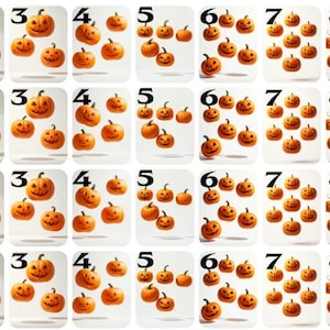 May include: A collection of Halloween-themed flashcards featuring carved orange pumpkins. Each card displays a different number of pumpkins, ranging from one to nine, with the corresponding number in the top left corner.