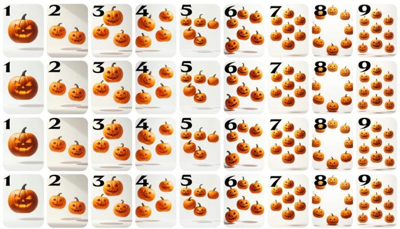 May include: A collection of Halloween-themed flashcards featuring carved orange pumpkins. Each card displays a different number of pumpkins, ranging from one to nine, with the corresponding number in the top left corner.