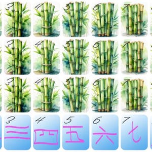 May include: A set of watercolor illustrations featuring bamboo stalks and a cartoon bird character in a purple suit. The bamboo illustrations are numbered 2 through 9, and the bird character is in the top left corner.