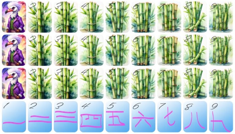 May include: A set of watercolor illustrations featuring bamboo stalks and a cartoon bird character in a purple suit. The bamboo illustrations are numbered 2 through 9, and the bird character is in the top left corner.