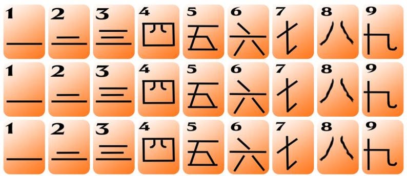 May include: A grid of 27 orange rectangular tiles, each displaying a number from 1 to 9. The numbers are represented by both Arabic numerals and Chinese characters. The tiles are arranged in three rows of nine.