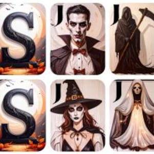 May include: A collection of Halloween-themed playing cards. The cards feature images of classic monsters like Dracula, the Grim Reaper, and a witch. Some cards have the word "NEWS" and "JOKER" on them.