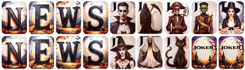 May include: A collection of Halloween-themed playing cards. The cards feature images of classic monsters like Dracula, the Grim Reaper, and a witch. Some cards have the word "NEWS" and "JOKER" on them.