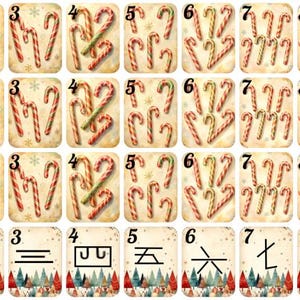 May include: A collection of vintage-style Christmas-themed cards. The cards feature images of candy canes, birds, pears, and Chinese numerals. The cards are arranged in a grid pattern, with each card having a unique design.