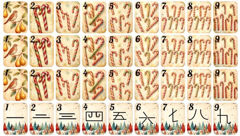 May include: A collection of vintage-style Christmas-themed cards. The cards feature images of candy canes, birds, pears, and Chinese numerals. The cards are arranged in a grid pattern, with each card having a unique design.