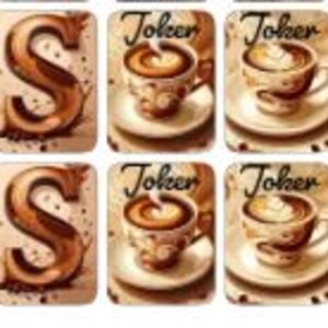 May include: A collection of rectangular stickers. The top row features the word "NEWS" in a brown, textured font, followed by images of coffee cups with the word "Joker". The bottom row repeats the same pattern.