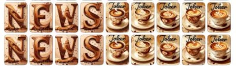 May include: A collection of rectangular stickers. The top row features the word "NEWS" in a brown, textured font, followed by images of coffee cups with the word "Joker". The bottom row repeats the same pattern.