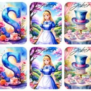 May include: A collection of watercolor-style images featuring elements from Alice in Wonderland. The images include the word "NEWS" in blue letters with floral accents, Alice, the Mad Hatter's tea party, the White Rabbit, the Cheshire Cat, and the word "Joker".