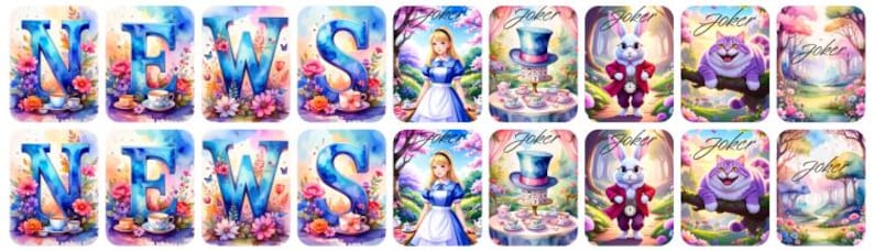 May include: A collection of watercolor-style images featuring elements from Alice in Wonderland. The images include the word "NEWS" in blue letters with floral accents, Alice, the Mad Hatter's tea party, the White Rabbit, the Cheshire Cat, and the word "Joker".