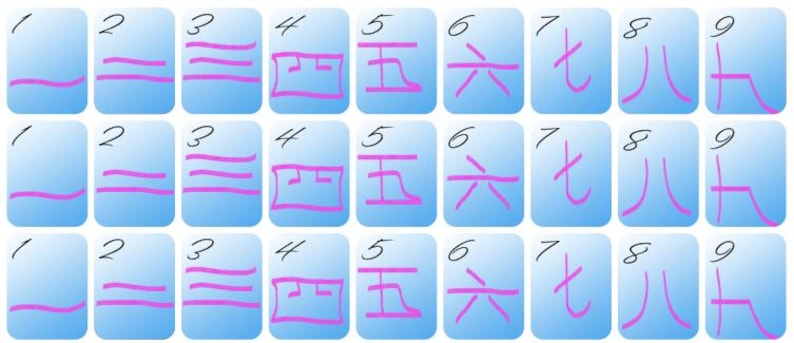 May include: A collection of blue tiles with numbers and symbols. Each tile has a light blue gradient background. The numbers 1 through 9 are displayed on the tiles, along with Chinese characters and pink lines. The tiles are arranged in three rows of nine.
