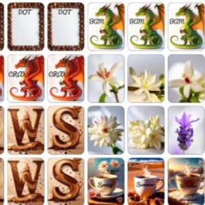 May include: A collection of illustrated cards featuring various designs. The cards include text that reads "DOT", "BCOM", "CRAX", and "NEWS". Other cards display images of dragons, flowers, and coffee cups.