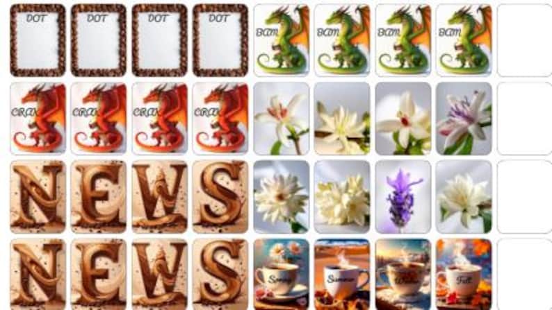 May include: A collection of illustrated cards featuring various designs. The cards include text that reads "DOT", "BCOM", "CRAX", and "NEWS". Other cards display images of dragons, flowers, and coffee cups.