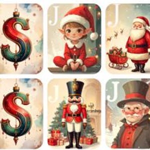 May include: A collection of Christmas-themed playing cards. The cards feature festive illustrations of Santa Claus, elves, snowmen, and reindeer. The word "NEW" is displayed on some cards, while others have the letter "J" or the word "JOKER".
