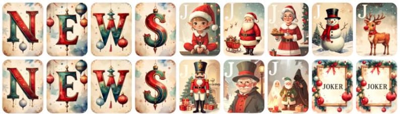 May include: A collection of Christmas-themed playing cards. The cards feature festive illustrations of Santa Claus, elves, snowmen, and reindeer. The word "NEW" is displayed on some cards, while others have the letter "J" or the word "JOKER".