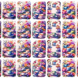 May include: A collection of watercolor-style images featuring teacups, saucers, and floral arrangements. Each image has a unique design with vibrant colors, including pink, blue, and purple. The images are numbered from 1 to 9.