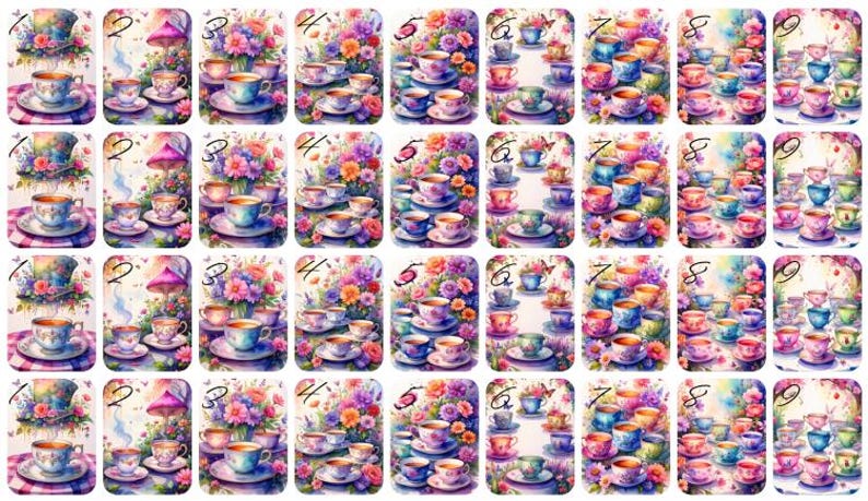 May include: A collection of watercolor-style images featuring teacups, saucers, and floral arrangements. Each image has a unique design with vibrant colors, including pink, blue, and purple. The images are numbered from 1 to 9.