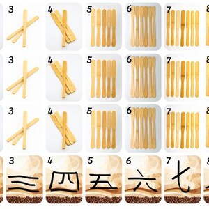 May include: A set of flashcards featuring various images and numbers. The top three rows display images of a parrot, wooden sticks, and bamboo utensils. The bottom row shows Chinese numerals from one to nine.