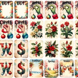 May include: A collection of vintage-style cards with various designs. Some cards feature text like "DOT," "BAM," "CRAK," and "NEWS." Other cards display seasonal themes, including summer, spring, winter, and fall, along with floral and decorative elements.