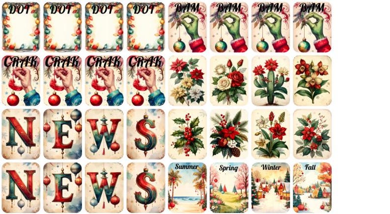 May include: A collection of vintage-style cards with various designs. Some cards feature text like "DOT," "BAM," "CRAK," and "NEWS." Other cards display seasonal themes, including summer, spring, winter, and fall, along with floral and decorative elements.