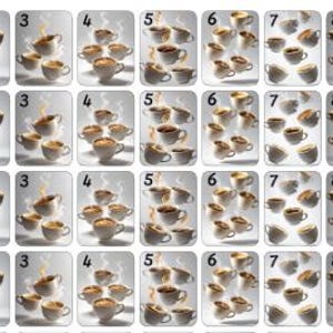 May include: A set of playing cards featuring coffee cups. Each card displays a different number of cups, ranging from one to nine. The cards have a light background, and the coffee cups are depicted with steam rising from them.