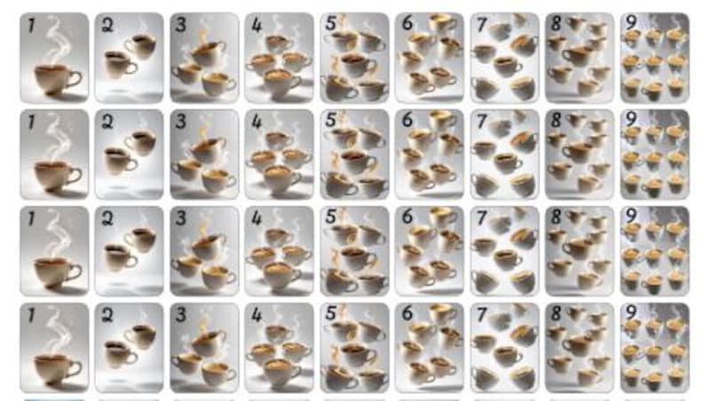 May include: A set of playing cards featuring coffee cups. Each card displays a different number of cups, ranging from one to nine. The cards have a light background, and the coffee cups are depicted with steam rising from them.
