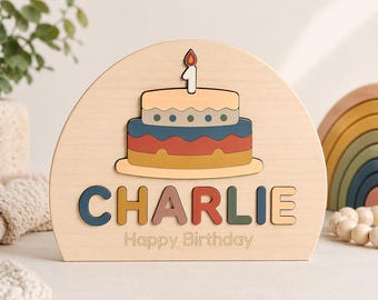 Personalized Birthday Name Puzzle Sign – Wooden Kids Puzzle Board with Magnets – Custom Name Gift for Toddler – Montessori Puzzle Play Decor
