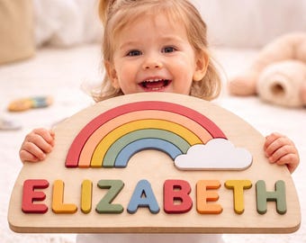 赤ちゃんの名前入りパズル｜木製モンテッソーリ玩具｜カスタムネームボード｜幼児向けレインボーベビーギフト