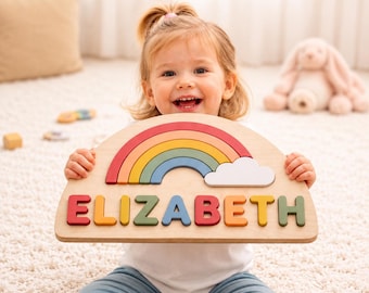 Rompecabezas personalizado con el nombre del bebé / Juguete Montessori arcoíris, decoración para la habitación del bebé