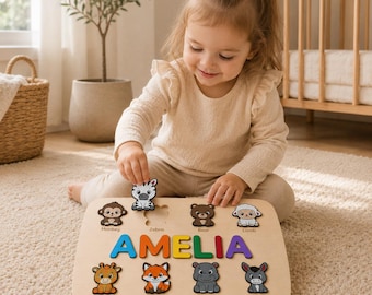 Rompecabezas de madera personalizado con nombre e imanes de animales, juguete educativo Montessori.