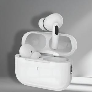 May include: A pair of white wireless earbuds with black accents on the stems, one resting inside a white charging case and the other positioned upright above the open lid. The charging case features a small vertical indicator light on the front.