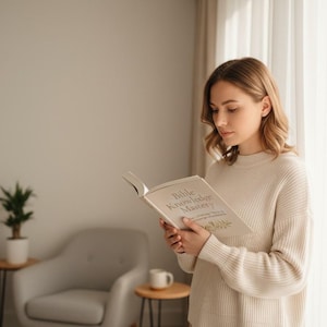 Puede incluir: Una persona con un suéter color crema lee un libro titulado "Bible Knowledge Mastery". El libro está abierto, revelando texto e ilustraciones. El entorno es una habitación bien iluminada con tonos neutros, con una planta y dos sillones.