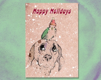 Kerstkaart / Happy Holidays / Drukwerk / Hond en parkiet