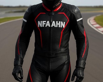 Tuta da motociclista in pelle nera da uomo / Dettagli rossi, tuta da motociclista.