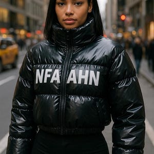 May include: Black puffer jacket with the text "NFA AHN" in white block letters. The jacket has a high collar and a shiny, quilted appearance. The model is standing on a city street.