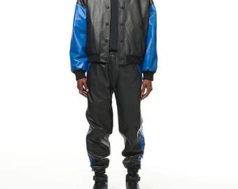 Men’s Black Blue Leather Tracksuit with Black Accents, Bold Streetwear Jogger Set