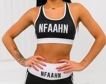 Black & White Activewear Set High Waist Gym Shorts, Sports Bra