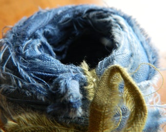 Faded Denim - Rustic denim blue cotton distressed skinny ribbon - 24 yards