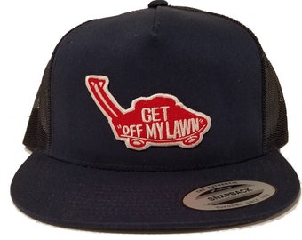 Get Off My Lawn Hat | DARK BLUE | BMX Hat | Skater Hat | Blue Mesh Snapback Mesh Trucker Cap | For Old Guys Old School Old Heads Old Men